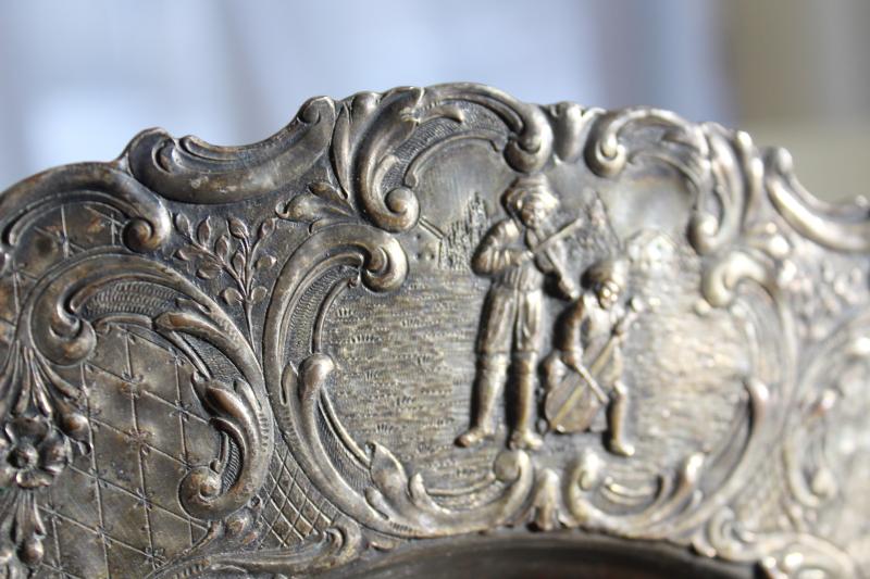 photo of antique silverplate tray or platter, dove birds, musicians & dancers figural border #2