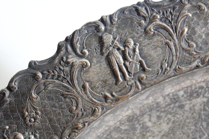 photo of antique silverplate tray or platter, dove birds, musicians & dancers figural border #6