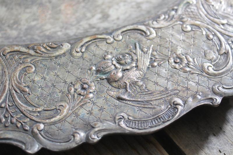 photo of antique silverplate tray or platter, dove birds, musicians & dancers figural border #10