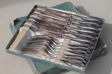 catalog photo of antique silverware, 1920s vintage silver plate flatware knives & forks, Old Colony 1847 Rogers