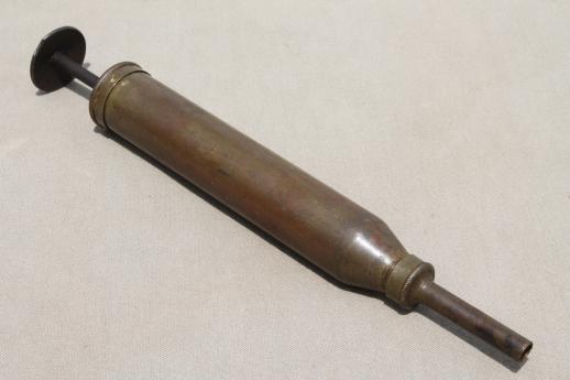 photo of antique solid brass grease gun, early automobile mechanic's  oiling & greasing tool #1