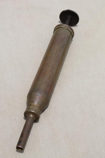 photo of antique solid brass grease gun, early automobile mechanic's  oiling & greasing tool #3