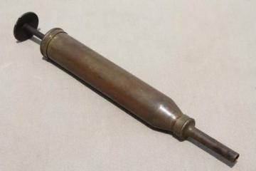 catalog photo of antique solid brass grease gun, early automobile mechanic's  oiling & greasing tool