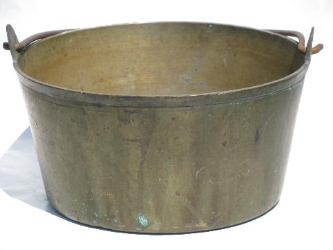 photo of antique solid brass jelly kettle, large heavy cauldron pot from England #2