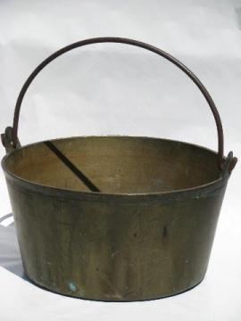 catalog photo of antique solid brass jelly kettle, large heavy cauldron pot from England
