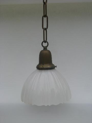 photo of antique solid brass pendant light fixture, early 1900s opalescent milk glass shade #2
