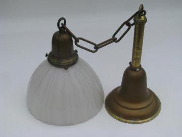 catalog photo of antique solid brass pendant light fixture, early 1900s opalescent milk glass shade