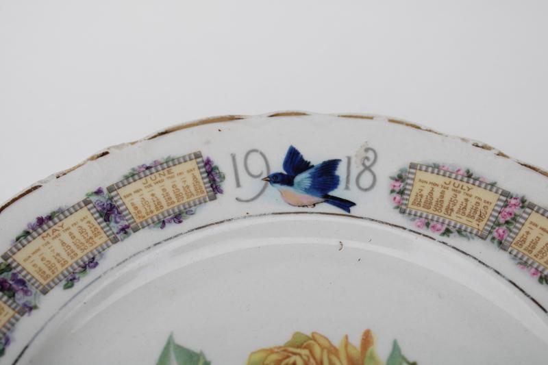 photo of antique song birds china plate, 1918 calendar w/ bluebirds, shabby cottage chic #2