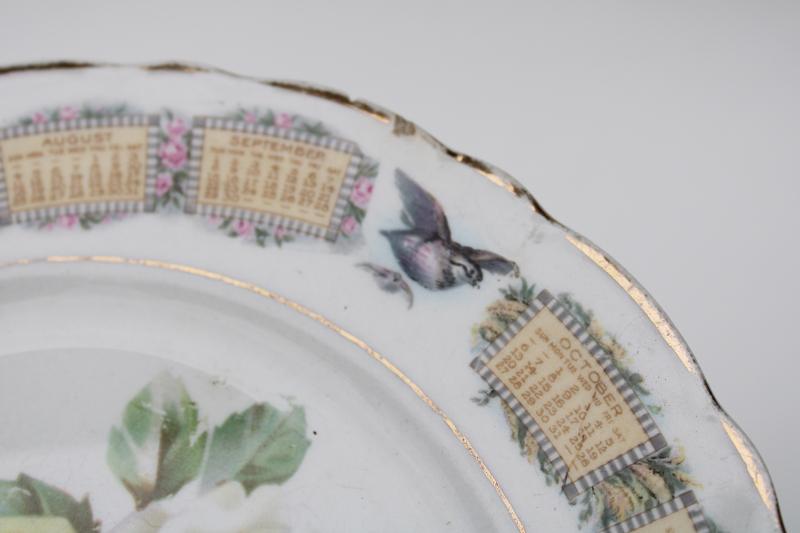 photo of antique song birds china plate, 1918 calendar w/ bluebirds, shabby cottage chic #5