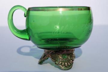 catalog photo of antique souvenir of the fair Elkhorn Wisconsin, EAPG vintage green glass cup w/ gold