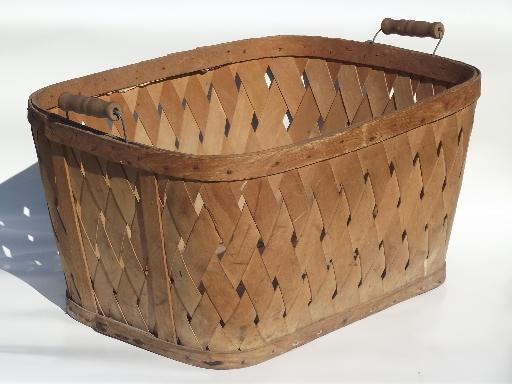 photo of antique splint wash basket w/ wood handles, vintage primitive storage #1