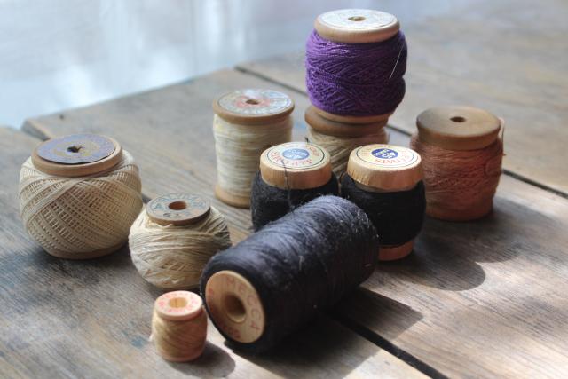 photo of antique spools of sewing thread & wood spools w/ old cotton string, primitive style #1