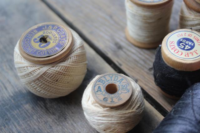 photo of antique spools of sewing thread & wood spools w/ old cotton string, primitive style #2