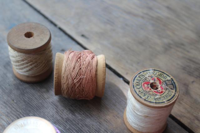 photo of antique spools of sewing thread & wood spools w/ old cotton string, primitive style #5