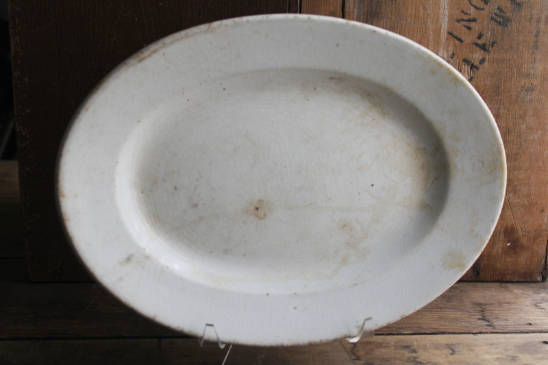 photo of antique stained browned crazed white ironstone platter, 1800s vintage English china  #1