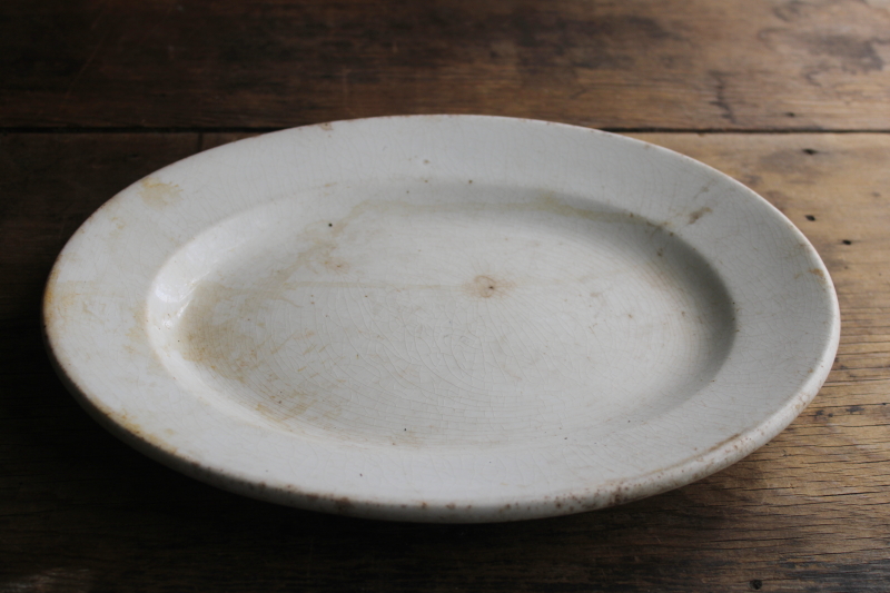 photo of antique stained browned crazed white ironstone platter, 1800s vintage English china  #3