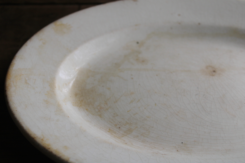 photo of antique stained browned crazed white ironstone platter, 1800s vintage English china  #4