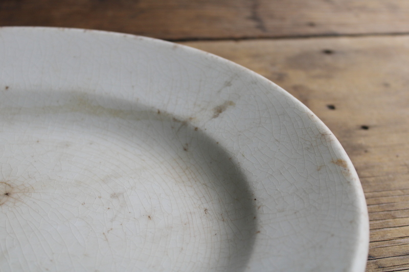 photo of antique stained browned crazed white ironstone platter, 1800s vintage English china  #5