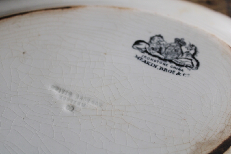 photo of antique stained browned crazed white ironstone platter, 1800s vintage English china  #8