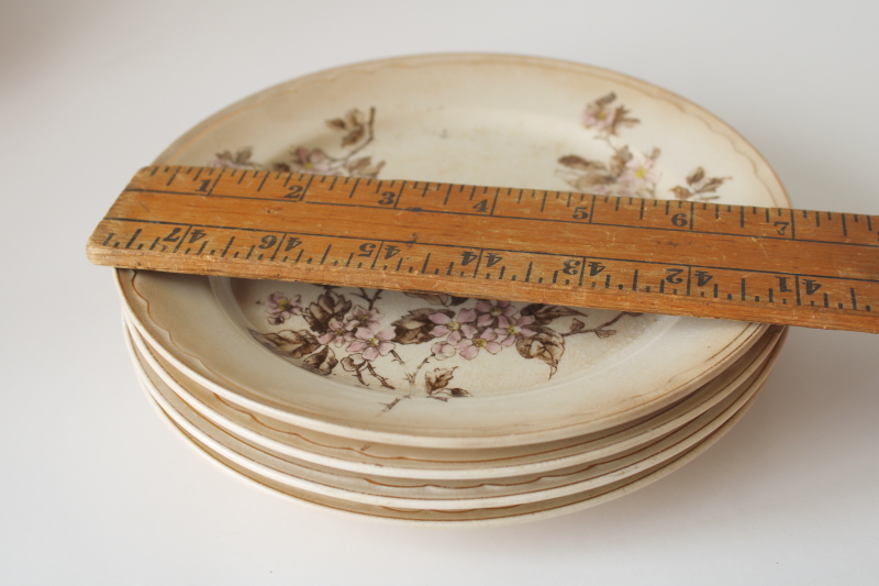 photo of antique stained crazed ironstone china plates, shabby worn floral pink & brown  #2