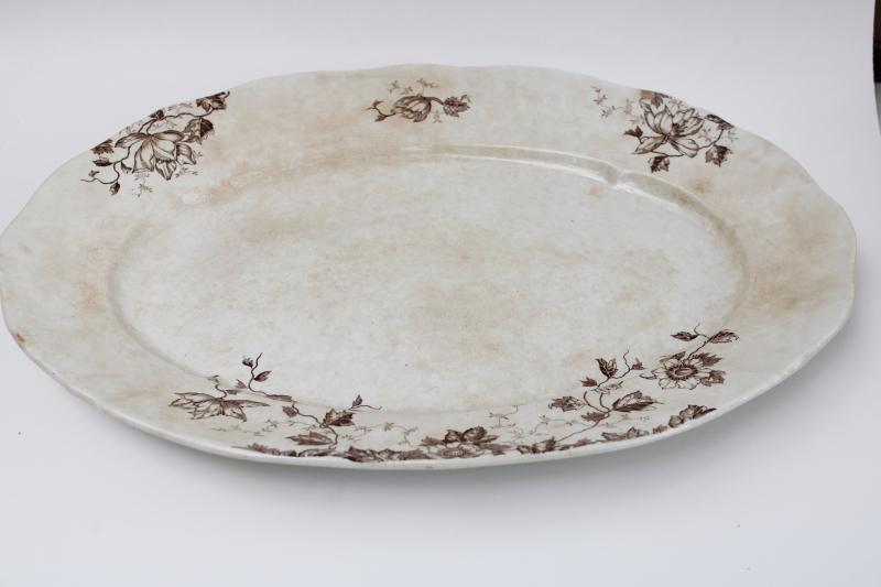 photo of antique stained ironstone china, big platter brown transferware aesthetic vintage floral #1