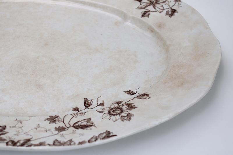 photo of antique stained ironstone china, big platter brown transferware aesthetic vintage floral #2