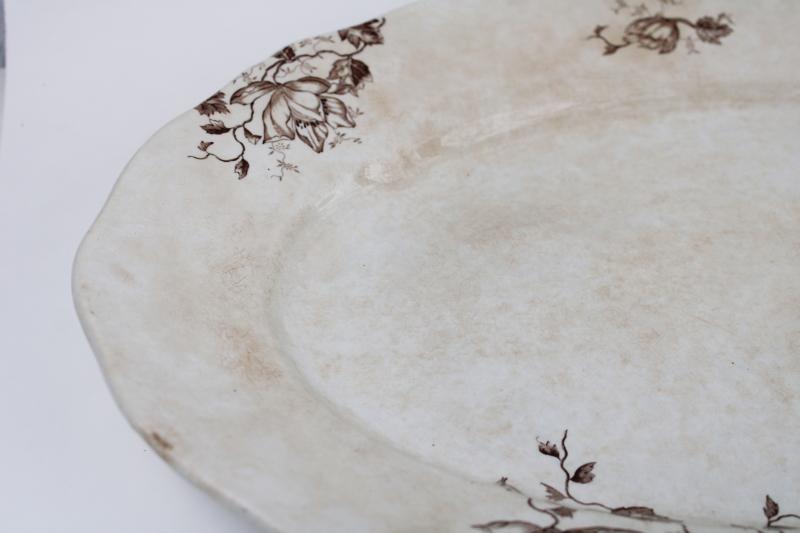 photo of antique stained ironstone china, big platter brown transferware aesthetic vintage floral #3