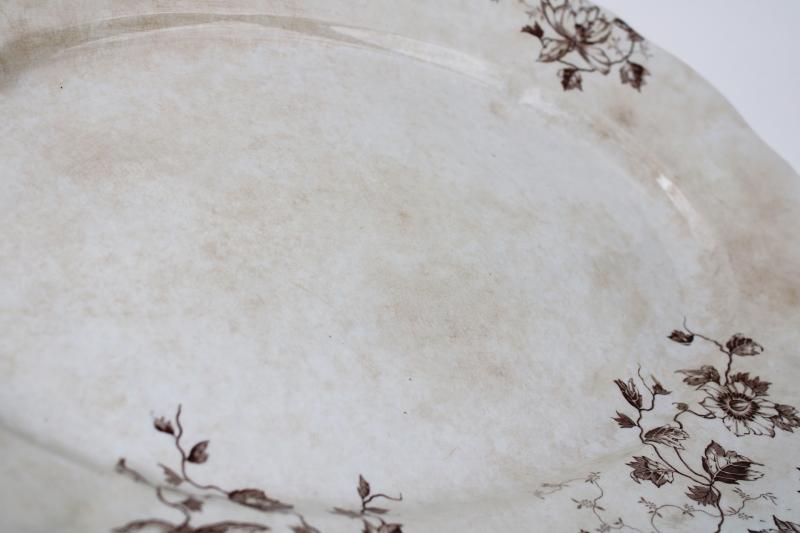 photo of antique stained ironstone china, big platter brown transferware aesthetic vintage floral #4