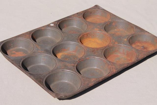 photo of antique steel baking pan for mini hand pies or large muffins, vintage muffin pan #1