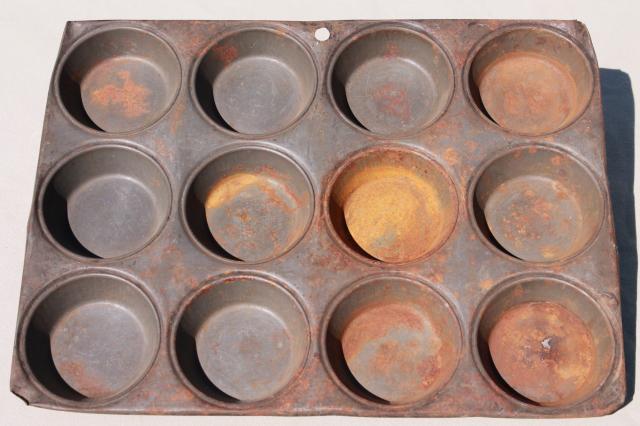 photo of antique steel baking pan for mini hand pies or large muffins, vintage muffin pan #2