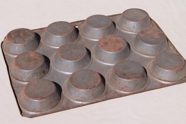 photo of antique steel baking pan for mini hand pies or large muffins, vintage muffin pan #5