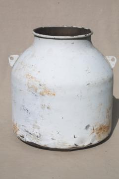 catalog photo of antique steel milk pail, early 1900s vintage dairy bucket w/ shabby old whitewash