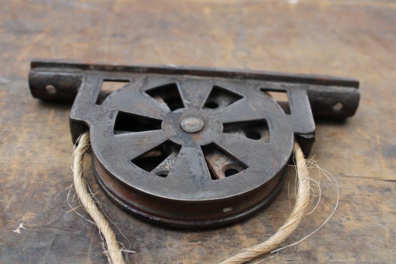 photo of antique steel pulley, vintage industrial style window or door lift hardware #3