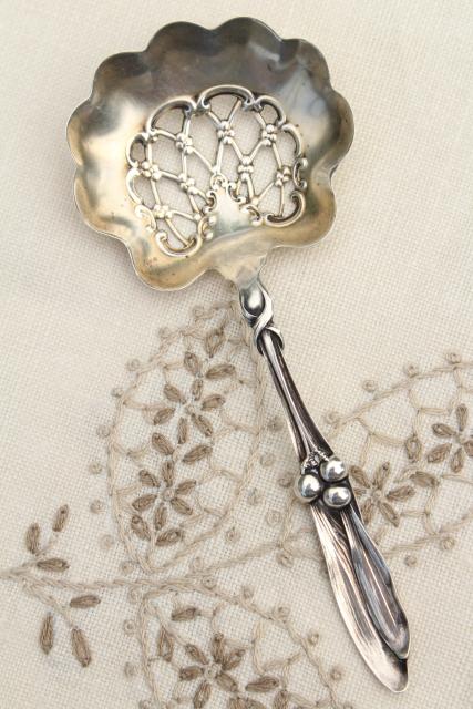 photo of antique sterling silver berry spoon, ornate serving spoon w/ cherries, engraved 1904 #1