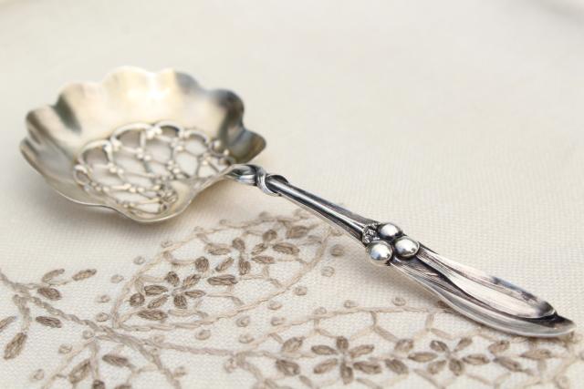 photo of antique sterling silver berry spoon, ornate serving spoon w/ cherries, engraved 1904 #5