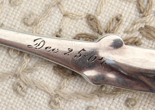 photo of antique sterling silver berry spoon, ornate serving spoon w/ cherries, engraved 1904 #7