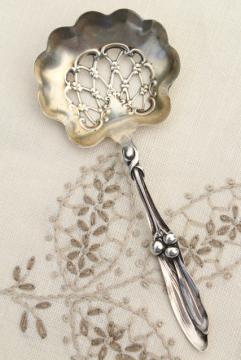 catalog photo of antique sterling silver berry spoon, ornate serving spoon w/ cherries, engraved 1904