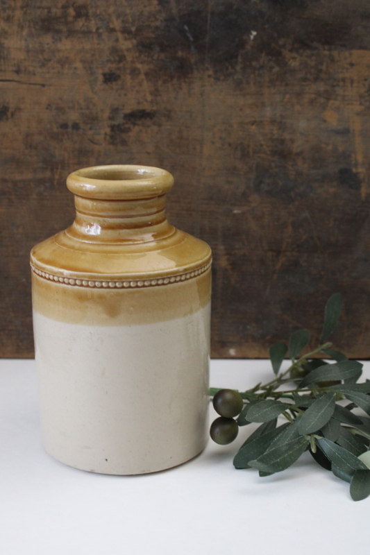 photo of antique stoneware crock jar Bristol England two tone tan & cream glazed pottery  #1