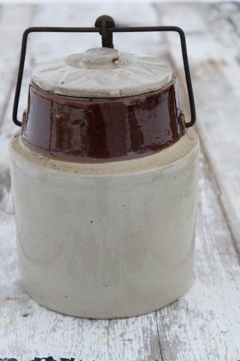 photo of antique stoneware crock jar for pickles or fruit preserves, bail lid crock #1