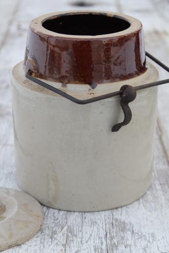 photo of antique stoneware crock jar for pickles or fruit preserves, bail lid crock #3