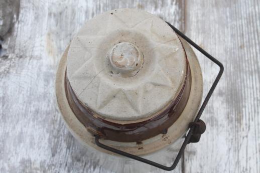 photo of antique stoneware crock jar for pickles or fruit preserves, bail lid crock #4