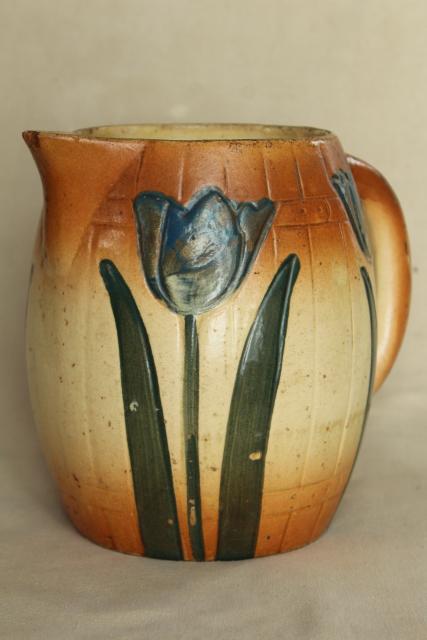 photo of antique stoneware pitcher w/ painted tulips, early 1900s vintage Roseville pottery #1