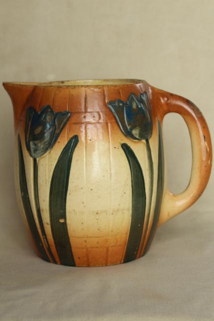 photo of antique stoneware pitcher w/ painted tulips, early 1900s vintage Roseville pottery #3