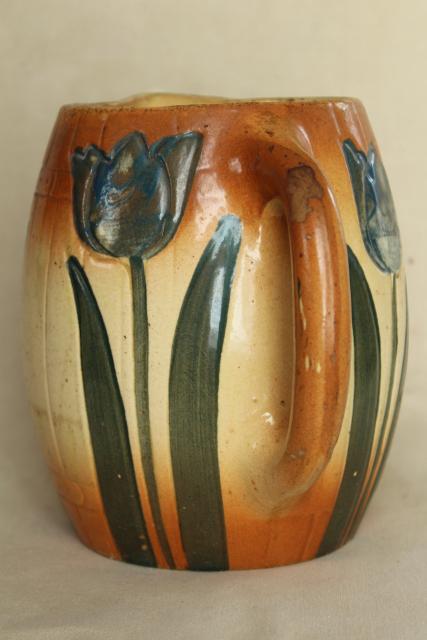 photo of antique stoneware pitcher w/ painted tulips, early 1900s vintage Roseville pottery #4