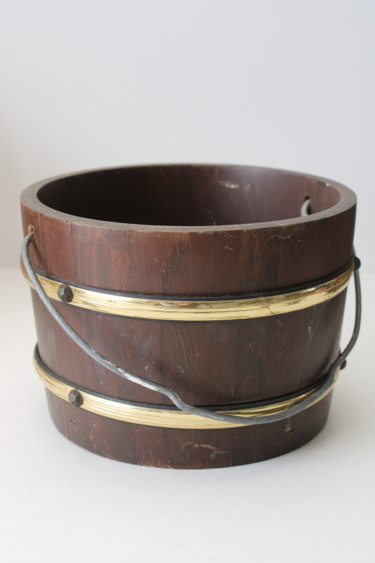 photo of antique style old wood bucket with brass tone metal bands, 1970s vintage primitive, rustic decor  #1