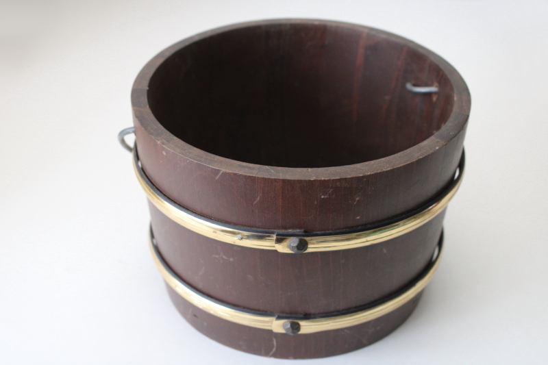 photo of antique style old wood bucket with brass tone metal bands, 1970s vintage primitive, rustic decor  #3