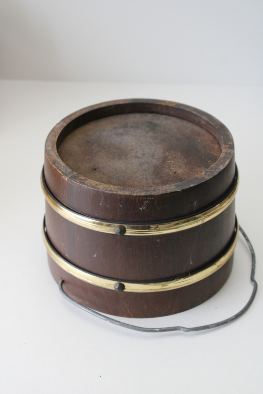 photo of antique style old wood bucket with brass tone metal bands, 1970s vintage primitive, rustic decor  #4