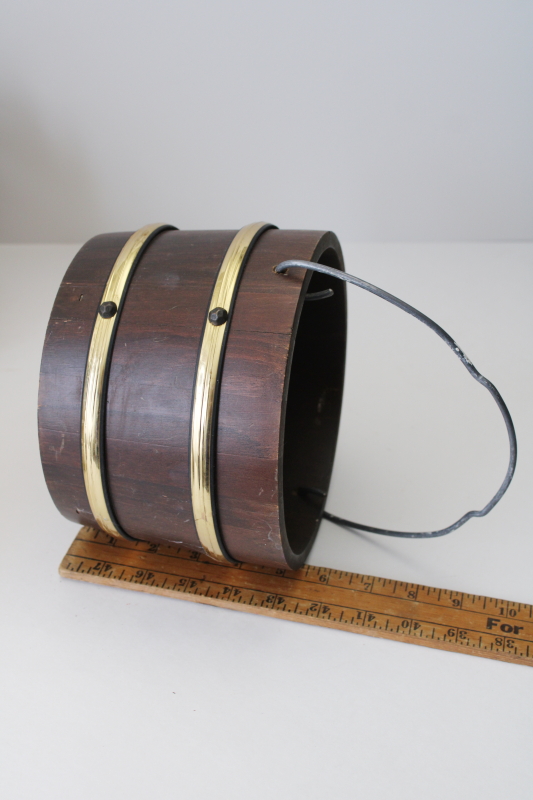 photo of antique style old wood bucket with brass tone metal bands, 1970s vintage primitive, rustic decor  #5