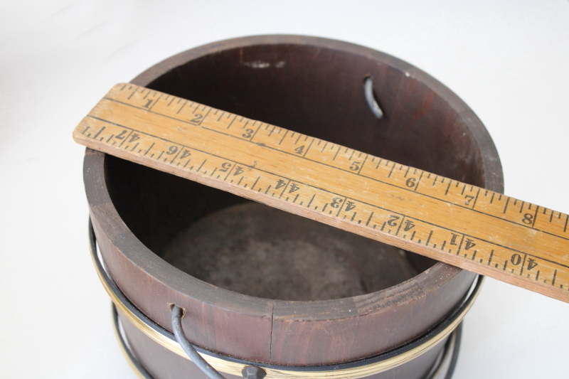 photo of antique style old wood bucket with brass tone metal bands, 1970s vintage primitive, rustic decor  #6
