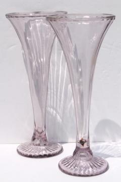 catalog photo of antique sun purple lavender glass shelf supports, large pair of vases / shelf risers